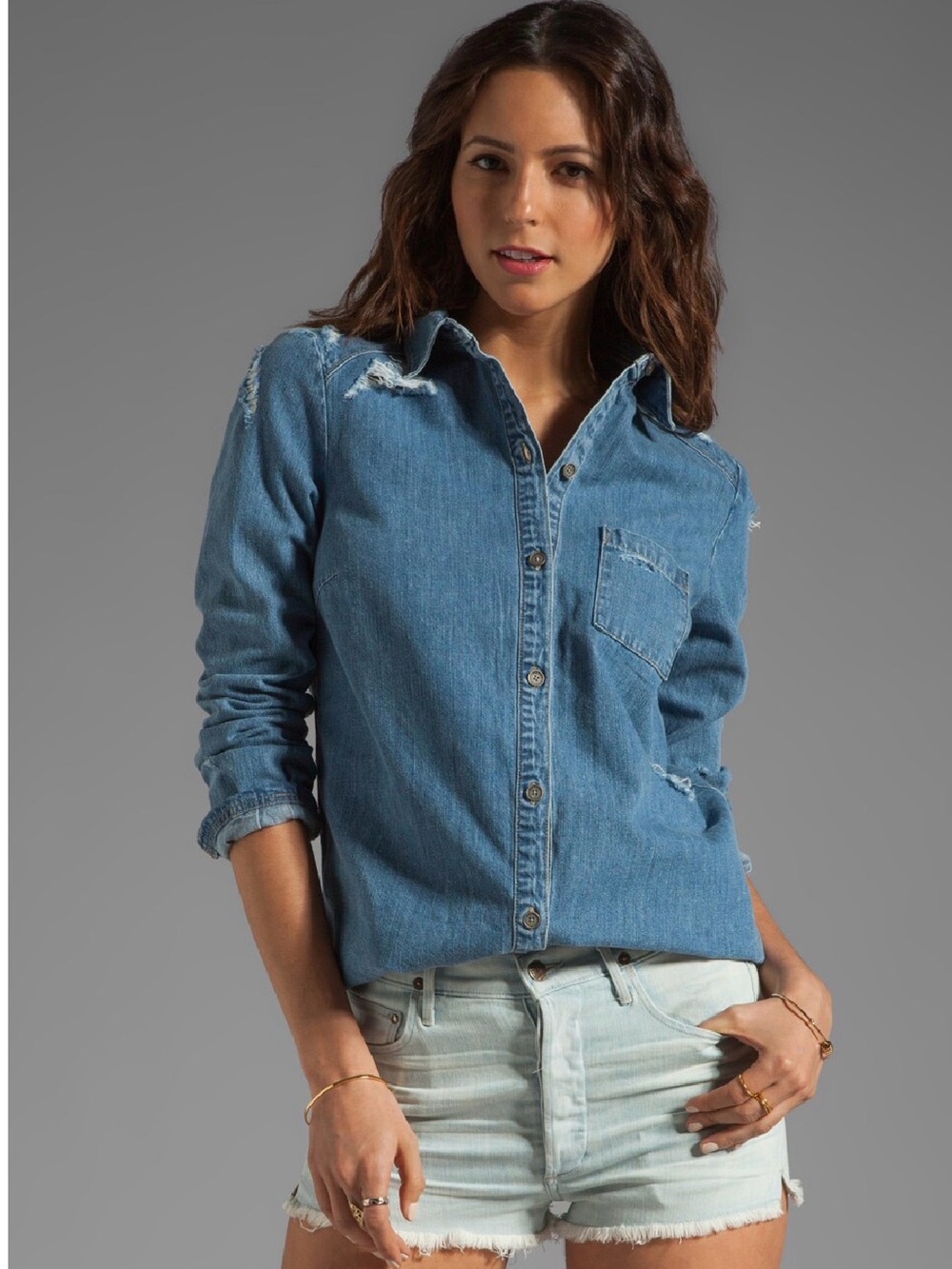 PAIGE Light Blue Distressed Denim Button-Down Shirt